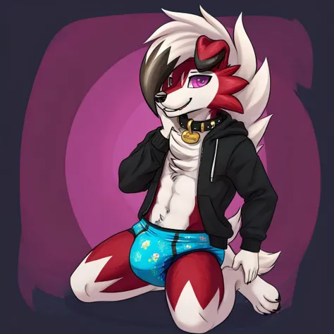 A dark purple Midnight femboy lycanroc wearing a black sweatshirt and a blue diaper and white socks with black stripes and a gold dog collar around his neck and with bracelets on his arms