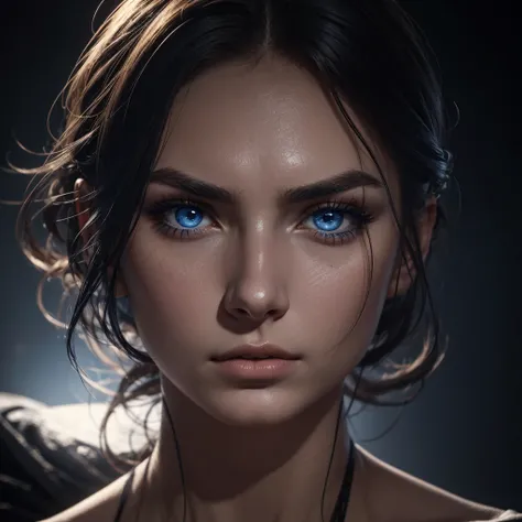 1 woman, striking facial features, deep expressive blue eyes, prominent cheekbones, strong eyebrows, dramatic lighting, chiaroscuro lighting, blurred background, ultra-realistic, 8k, realistic and artistic style, soft skin, intense and captivating mood