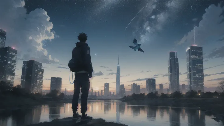 真っ暗なnight空,Octane, star (null), scenery, Blue parakeet,The acoustic guitar is in front of the body.,star, night, A girl and a boy standing back to back, Back view, alone, Outdoor, city,river,Blue parakeet,building, cloud, 天のriver,silhouette