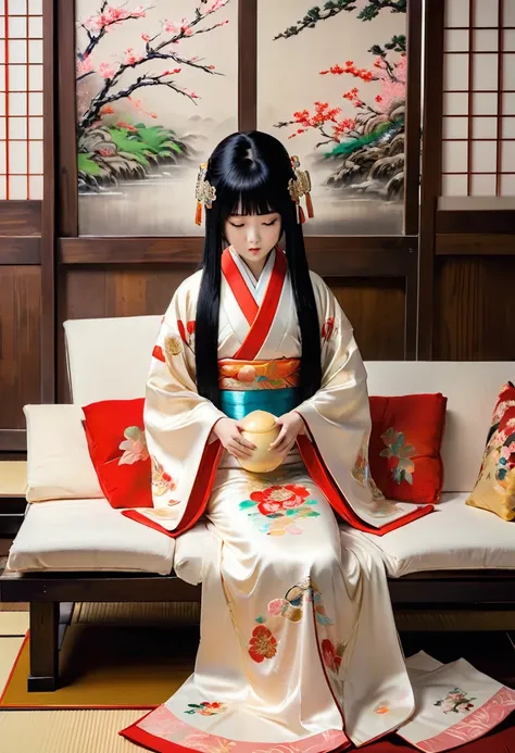 8k　historical drama style　beautiful slender japanese child princess with long black hair　gorgeous embroidery, ultra glossy, she ...