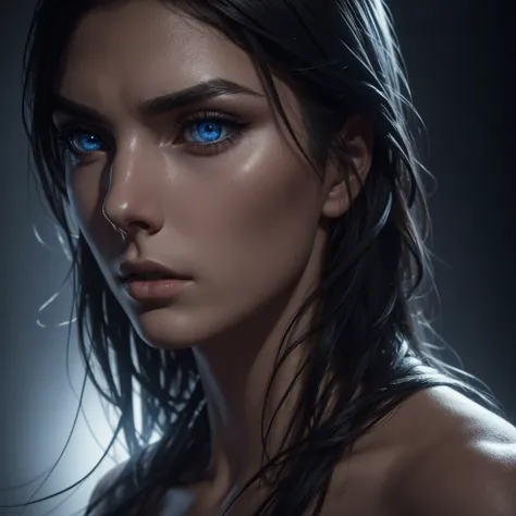 1 woman, striking facial features, deep expressive blue eyes, prominent cheekbones, strong eyebrows, dramatic lighting, chiaroscuro lighting, blurred background, ultra-realistic, 8k, realistic and artistic style, soft skin, intense and captivating mood