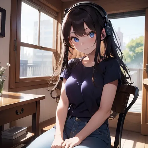 Masterpiece, 4K, best quality, One 20 years old girl, solo, has Blue eyes, beautiful eyes, has Brown long hair, wears Purple T-shirt and farmer jeans, in the bedroom, sitting on a chair, in front of the table, wears black headphones on her head, listen mus...