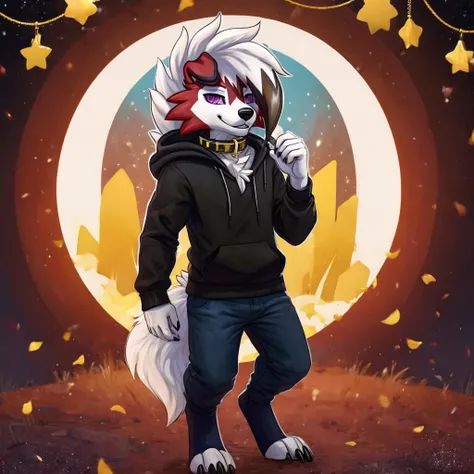 A dark purple Midnight femboy lycanroc wearing a black hoodie and blue pants and white socks with black stripes and a gold dog collar around his neck and with bracelets on his arms