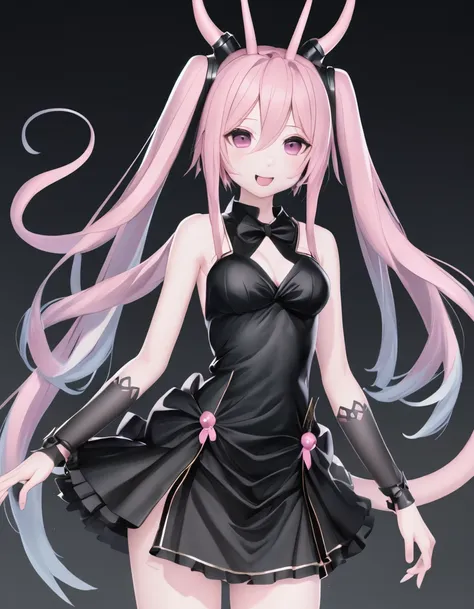 nakano miku with light pink skin, horns, claws, black dress, a tail
