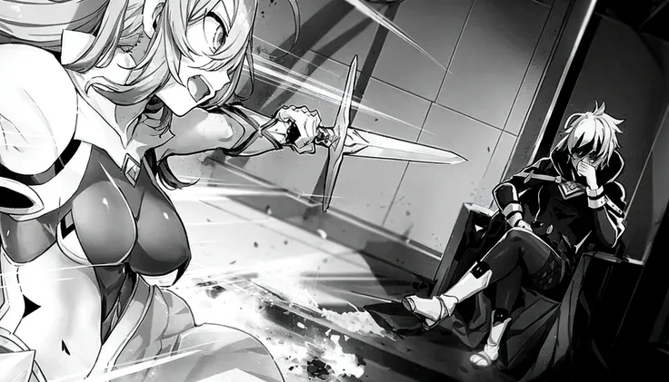 anime characters are standing in a room with a sword, black and white manga panel, black and white manga page, striking manga artstyle, black and white manga style, practising her sword staces, black and white manga comic, sword attack, black and white man...