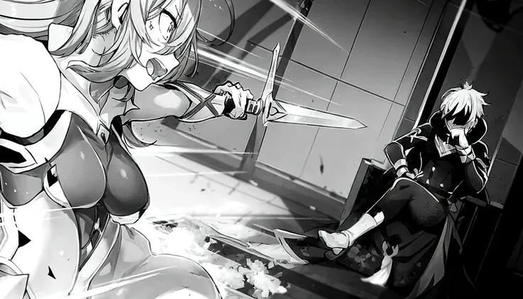 anime characters are standing in a room with a sword, black and white manga panel, black and white manga page, striking manga artstyle, black and white manga style, practising her sword staces, black and white manga comic, sword attack, black and white man...