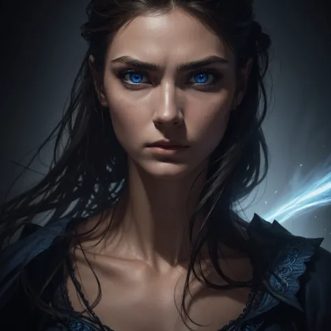 1 woman, striking facial features, deep expressive blue eyes, prominent cheekbones, strong eyebrows, dramatic lighting, chiaroscuro lighting, blurred background, ultra-realistic, 8k, realistic and artistic style, soft skin, intense and captivating mood