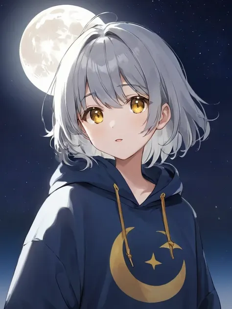 silver hair, golden eyes, moon, night, hoodie, mash