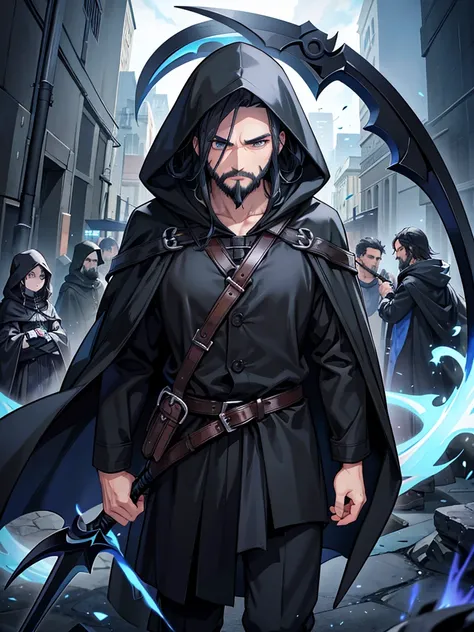 middle age man, black hair, black beard reaching middle of chest, blue cloak and hood, grim reaper aura, black aura, scythe