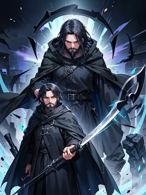 middle age man, black hair, black beard reaching middle of chest, blue cloak and hood, grim reaper aura, black aura, scythe