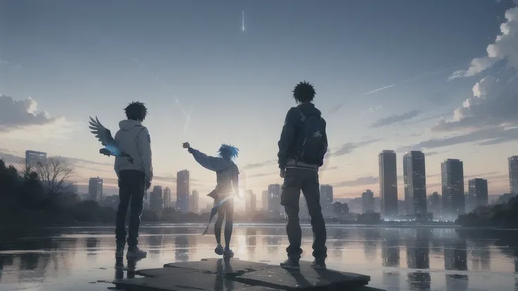 真っ暗なnight空,Octane, star (null), scenery, Blue parakeet,The acoustic guitar is in front of the body.,star, night, A girl and a boy standing back to back, Back view, alone, Outdoor, city,river,Blue parakeet,building, cloud, 天のriver,silhouette