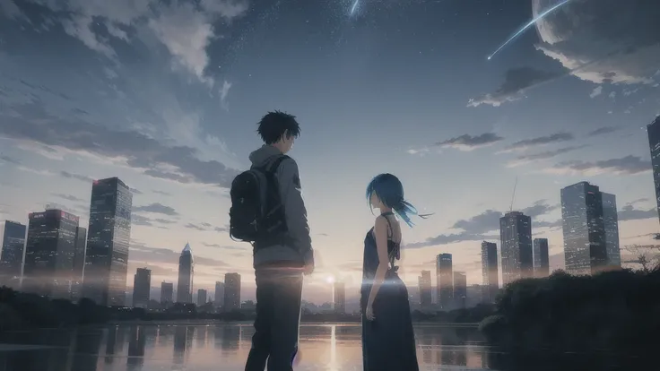 真っ暗なnight空,Octane, star (null), scenery, Blue parakeet,The acoustic guitar is in front of the body.,star, night, A girl and a boy standing back to back, Back view, alone, Outdoor, city,river,Blue parakeet,building, cloud, 天のriver,silhouette