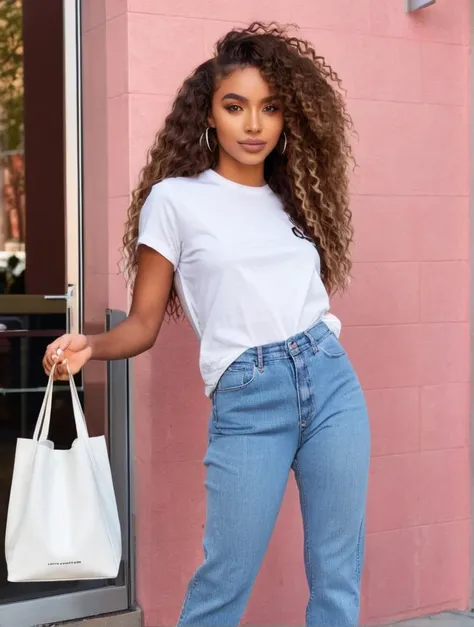 beautiful african, 23 year_old, fit_figure,tall_height, with long_brown_ curly hair, brown_skin, oversized tee-shirt,blue_baggy_...