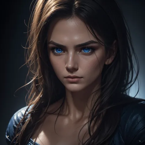 1 woman, striking facial features, deep expressive blue eyes, prominent cheekbones, strong eyebrows, dramatic lighting, chiaroscuro lighting, blurred background, ultra-realistic, 8k, realistic and artistic style, soft skin, intense and captivating mood