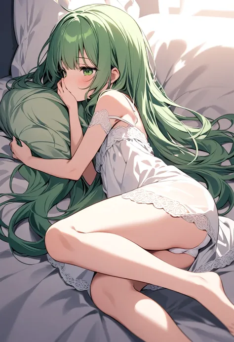 She lay on her side, her tousled green hair framing her face. She wore a simple white nightgown that hugged her slender form, leaving little to the imagination. Her thighs were covered by a lacy pair of white panties