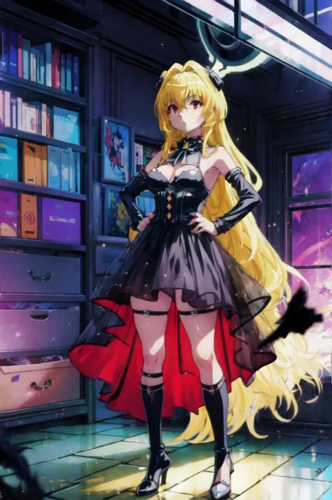 nsfw,Yami the Golden Darkness wearing black battle dress with silver accents, hands on hips, staring at another person, messy long yellow hair, cute red eyes, amazing beauty and incredible presence, dynamic pose, delicate face, beautiful red eyes, confiden...