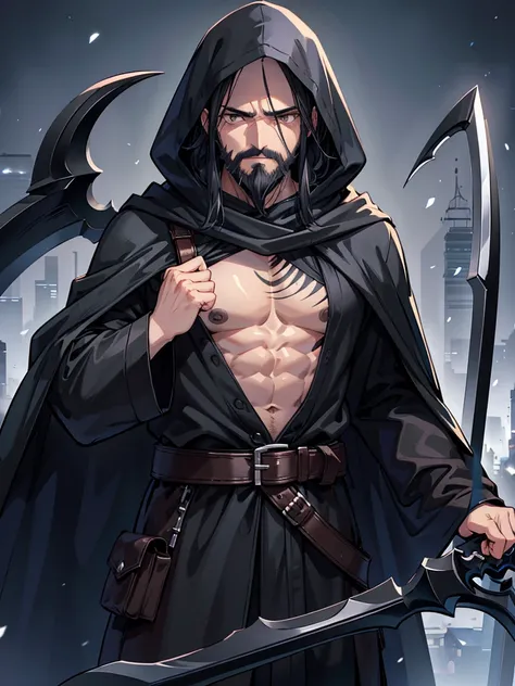 middle age man, black hair, cold brown eyes, confident protective stance, calm expression, black beard reaching middle of chest, blue cloak and hood, grim reaper aura, black aura, scythe