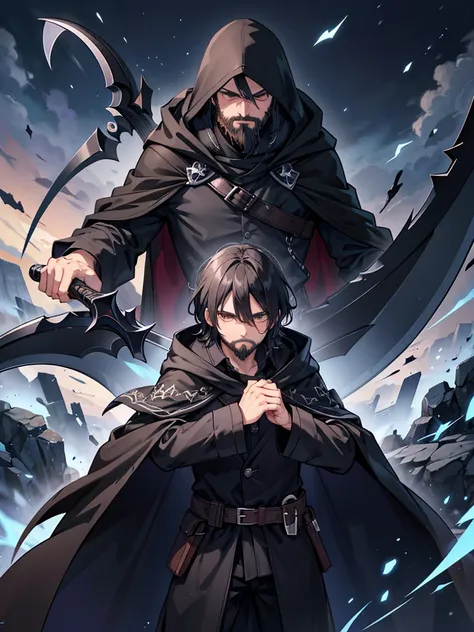 middle age man, black hair, cold brown eyes, confident protective stance, calm expression, black beard reaching middle of chest, blue cloak and hood, grim reaper aura, black aura, scythe