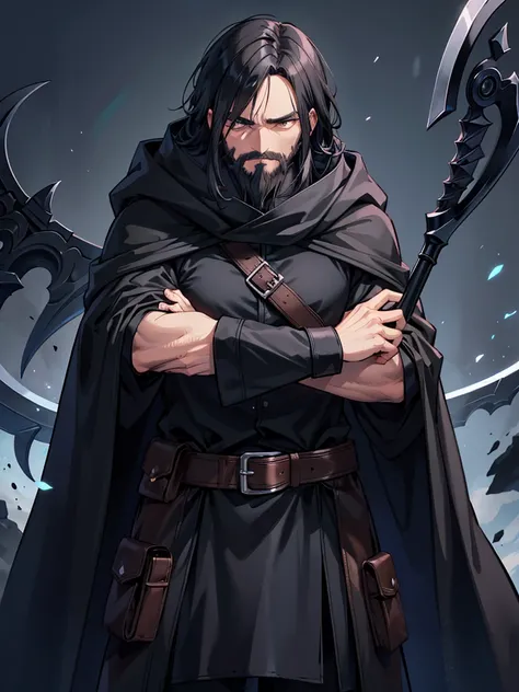 middle age man, black hair, cold brown eyes, confident protective stance, calm expression, black beard reaching middle of chest, blue cloak and hood, grim reaper aura, black aura, scythe