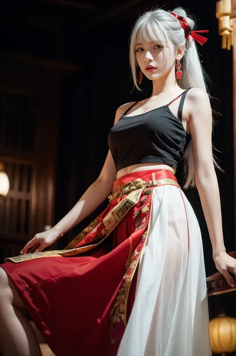 Vibrant colors, woman, masterpiece, Clear focus, best quality, Depth of Field, light, White hair, Red Eyes, Weaving, skirt, Long hair, Red Eyes, Tattoo, earrings, Jewelry, black skirt, Hair accessories, Bangs, Chinese clothes, breast, china skirt, sleevele...