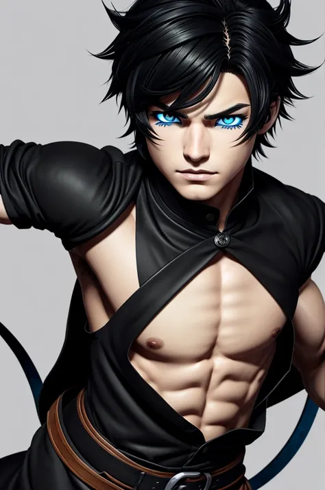 A male character in the style of demon slayer animation,full body, with short messy hair, black color, eyes with blue and black heterochromia, es un pilar y lleva el uniforme característico de los caza demonios de black color y rojo,con una camisa black co...