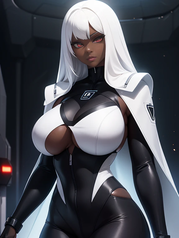 girl, With big breasts, with white or futuristic spy suit, long black fur, crimson eyes, ebony dark skin.