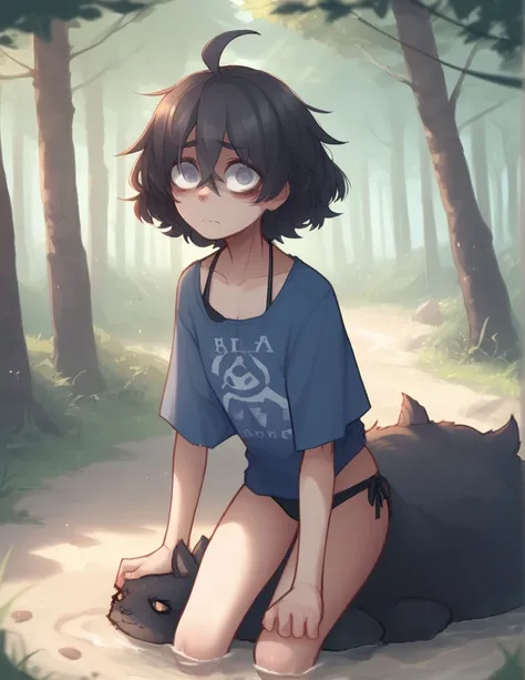 1 girl, alone, ppka, black fur, short hair, messy fur, Ahoge, parts, parts por todo el cuerpo, grey eyes, blind eyes, kind eyes, nervous, looking at the viewer, cute look hippie clothing, hippie, forest,
Swimsuit, long-sleeve shirt, libra shirt, blue shirt...