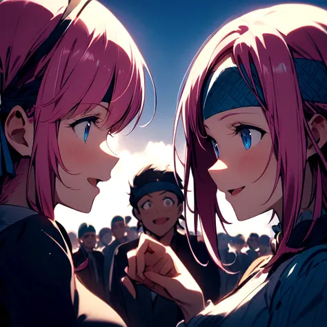 ２People Women、Laugh together、joke、Looking at each other、Pink Hair、Drill Twin、Headband、blue eyes