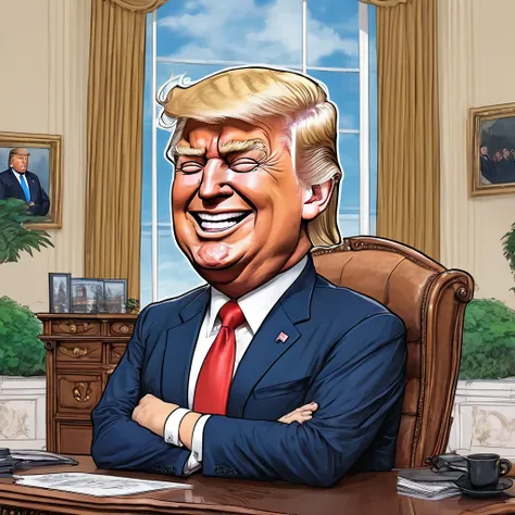 caricature of donald trump , anime style,   angry in oval office , in the white house, very misaligned, laugh