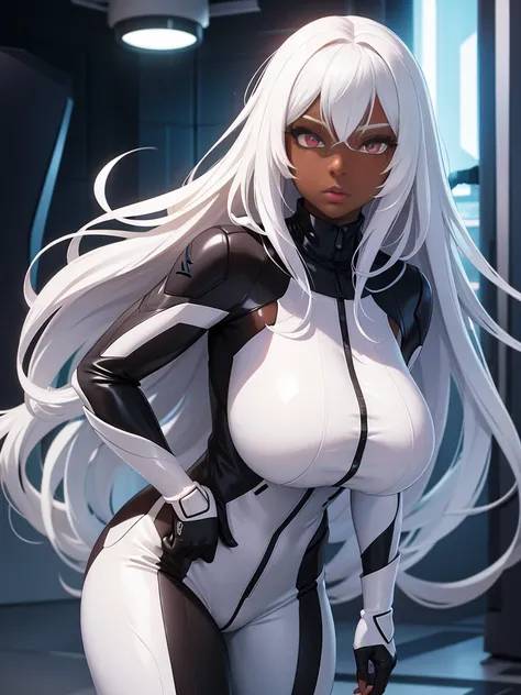 girl, With big breasts, with white or futuristic spy suit, long white hair, crimson eyes, ebony dark skin.