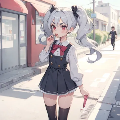 Young girl with grey hair, ((fringed and curly hair)),((curly short twintail)), curly hair ,(red eyes),, ((small bushy eyebrows)), wearing gothic lolita clothing, lolicon , walking to school, bored look, bored face,, girl sucking penis cum bubbling out her...