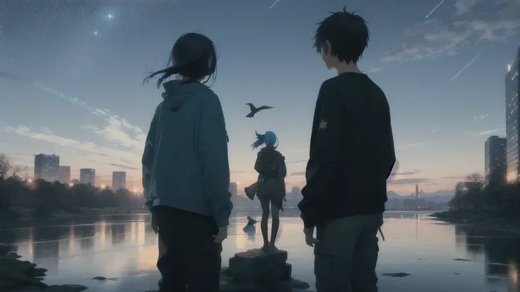 真っ暗なnight空,Octane, star (null), scenery, Blue parakeet,The acoustic guitar is in front of the body.,star, night, A girl and a boy standing back to back, Back view, alone, Outdoor, city,river,Blue parakeet,building, cloud, 天のriver,silhouette