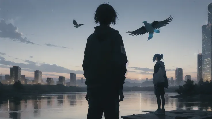 真っ暗なnight空,Octane, star (null), scenery, Blue parakeet,The acoustic guitar is in front of the body.,star, night, A girl and a boy standing back to back, Back view, alone, Outdoor, city,river,Blue parakeet,building, cloud, 天のriver,silhouette