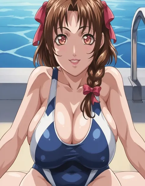 score_9, score_8_up, source_anime Bibl3, cute girl, busty shortstack, brown hair, twin braid hair, hair ornament, hair ribbon, racing swimsuit, huge breasts, heavy breasts, breast expansion, full lips, vivid lips, wide hips, thick thighs, cameltoe, viewed ...