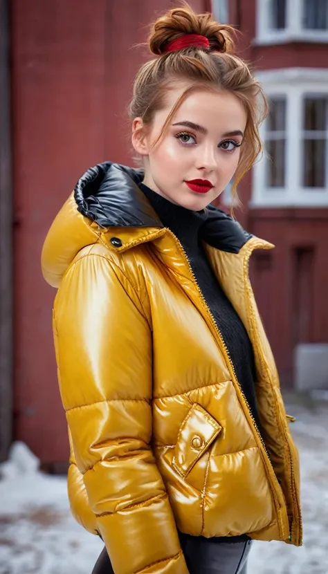 ultrarealistic high quality fullbody photo of a beautiful slim european teen girl with cute hyperdetailed shy face and natural redhead short messy bun and mischievous face, realistic round hazel eyes, red lips, dark eye makeup with eyeliner, wearing shiny ...