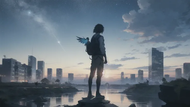 真っ暗なnight空,Octane, star (null), scenery, Blue parakeet,The acoustic guitar is in front of the body.,star, night, A girl and a boy standing back to back, Back view, alone, Outdoor, city,river,Blue parakeet,building, cloud, 天のriver,silhouette