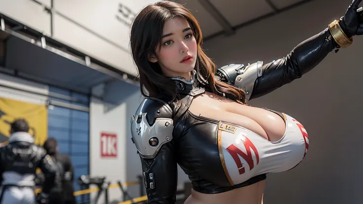 Solo, Stand Up Straight, Physically-based Rendering, Unreal Engine 5 Render, Jealous, bokeh, (look Half Body:1.5), ((muscle And Bbw Body Type:1.3)), ((cleavage+Gigantic Breast:1.5)), (expose muscle Abs:1.4), (big Hips:1.3), ((beautiful Cyborg Woman, Black ...