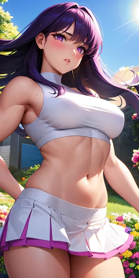 Realistic, One girl, The hair is round and large . rather muscular body, Hot Sexy Body, white, Purple eyes, Shining Eyes, Crop top, skirt, Open your lips, blush, night, Flowers, sun, sunshine,