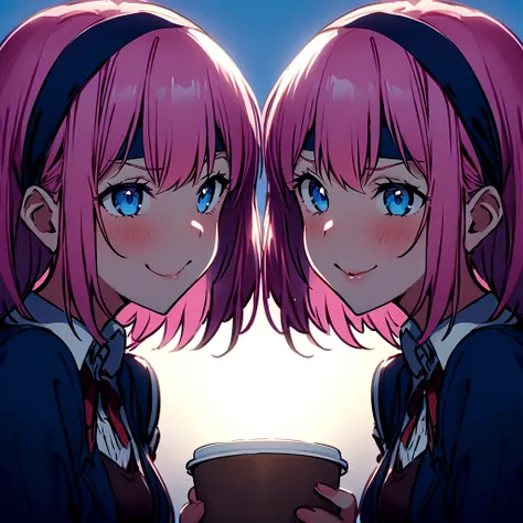 Coffee shop、high school girl、２People Women、Laugh together、joke、Looking at each other、Pink Hair、Drill Twin、Headband、blue eyes