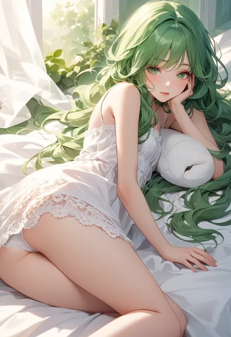 She lay on her side, her tousled green hair framing her face. She wore a simple white nightgown that hugged her slender form, leaving little to the imagination. Her thighs were covered by a lacy pair of white panties