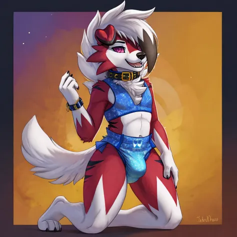 A dark purple Midnight femboy lycanroc wearing a Littleforbig Romper and a blue diaper and white socks with black stripes and a gold colored dog collar on the neck and with bracelets on the arms