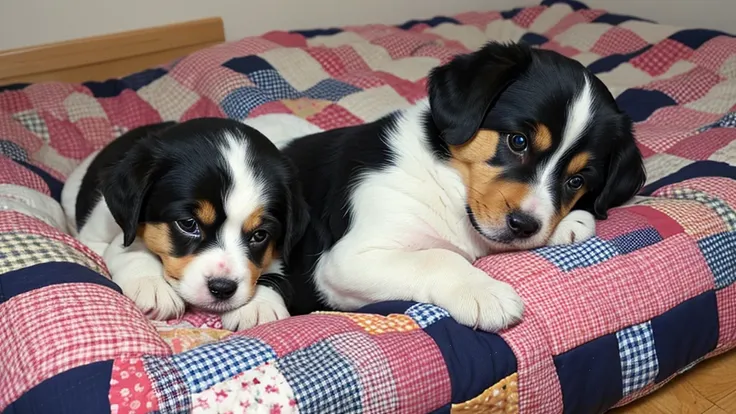  Create an image of a puppy made entirely of a patchwork quilt, curled up asleep inside a patchwork quilt.