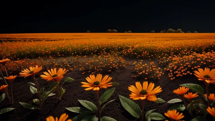 A beautiful orange landscape, orange flowers in the center, black in the background, detailed, photorealistic, 8K, professional, vibrant colors, cinematic lighting, masterpiece