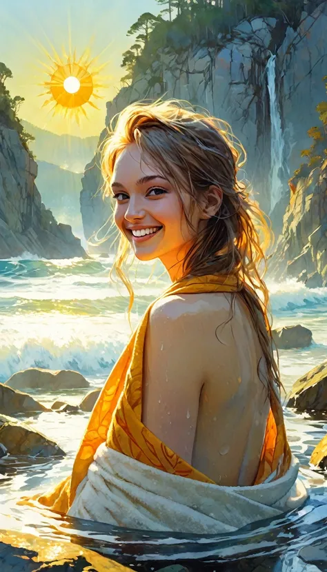 (soak:1.5) hot spa, fantasy, (nature:1.3), rock, (sun:1.5), fog, girl, smile, towel, flat illustration, close-up, masterpiece, best-quality, high-definition, ultra-detailed, highest-resolution, intricate,(art inspired by Bill Sienkiewicz, intricate details...