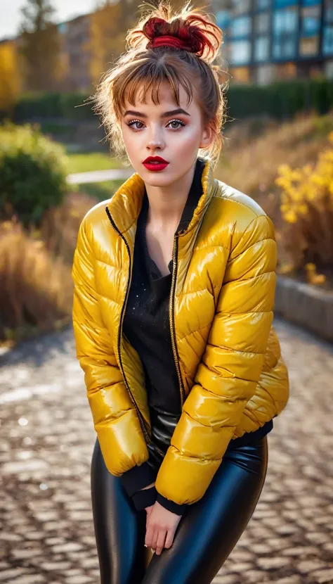 ultrarealistic high quality fullbody photo of a beautiful slim european teen girl with cute hyperdetailed shy face and natural redhead short messy bun and mischievous face, realistic round hazel eyes, red lips, dark eye makeup with eyeliner, wearing shiny ...