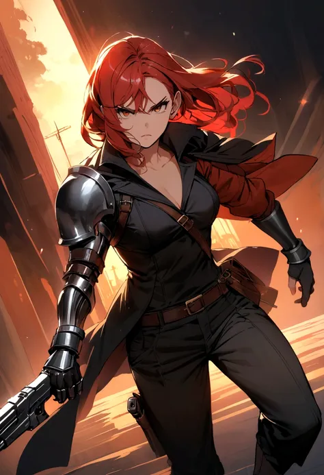 character with red hair , a witch hunter with an iron arm and two pistols