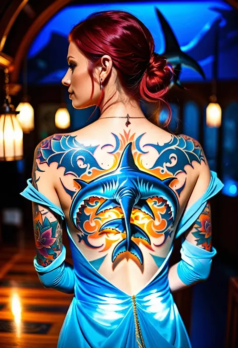 Arafed, a picture of a ((shark tattoo: 1.5)) on the back of a female elf, of  glowing tattoo of a ((blue shark: 1.3)) the shark tattoo is vivid, intricate detailed coming to life rising from the ink to real life, ,  AlchemyPunkAI, shoot taken from the back...