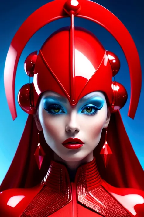 A beautiful redhead female pop artist all red sleek futuristic outfit, with huge headpiece center piece, clean blue makeup, with depth of field, fantastical edgy and regal themed outfit, captured in vivid colors, embodying the essence of fantasy, minimalis...