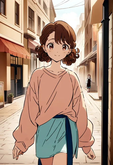 (best qualityer:0.8) perfect anime illustration, a handsome, happy woman with short curly brown hair on the city streets, wearing a sweatshirt, overskirt