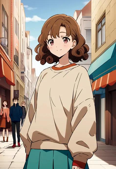 (best qualityer:0.8) perfect anime illustration, a handsome, happy woman with short curly brown hair on the city streets, wearing a sweatshirt, overskirt